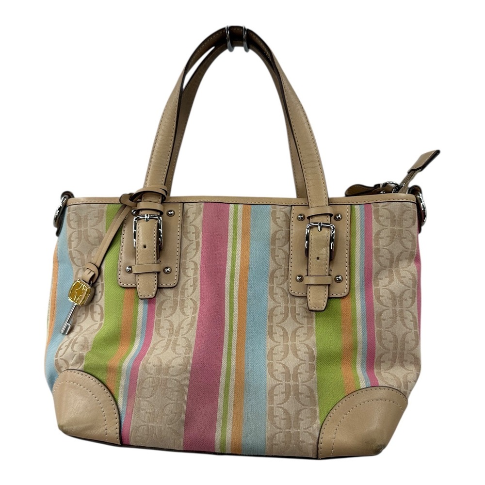 Fossil‎ Striped Tote Bag Canvas Leather Accent Beige Multi Color Key Charm